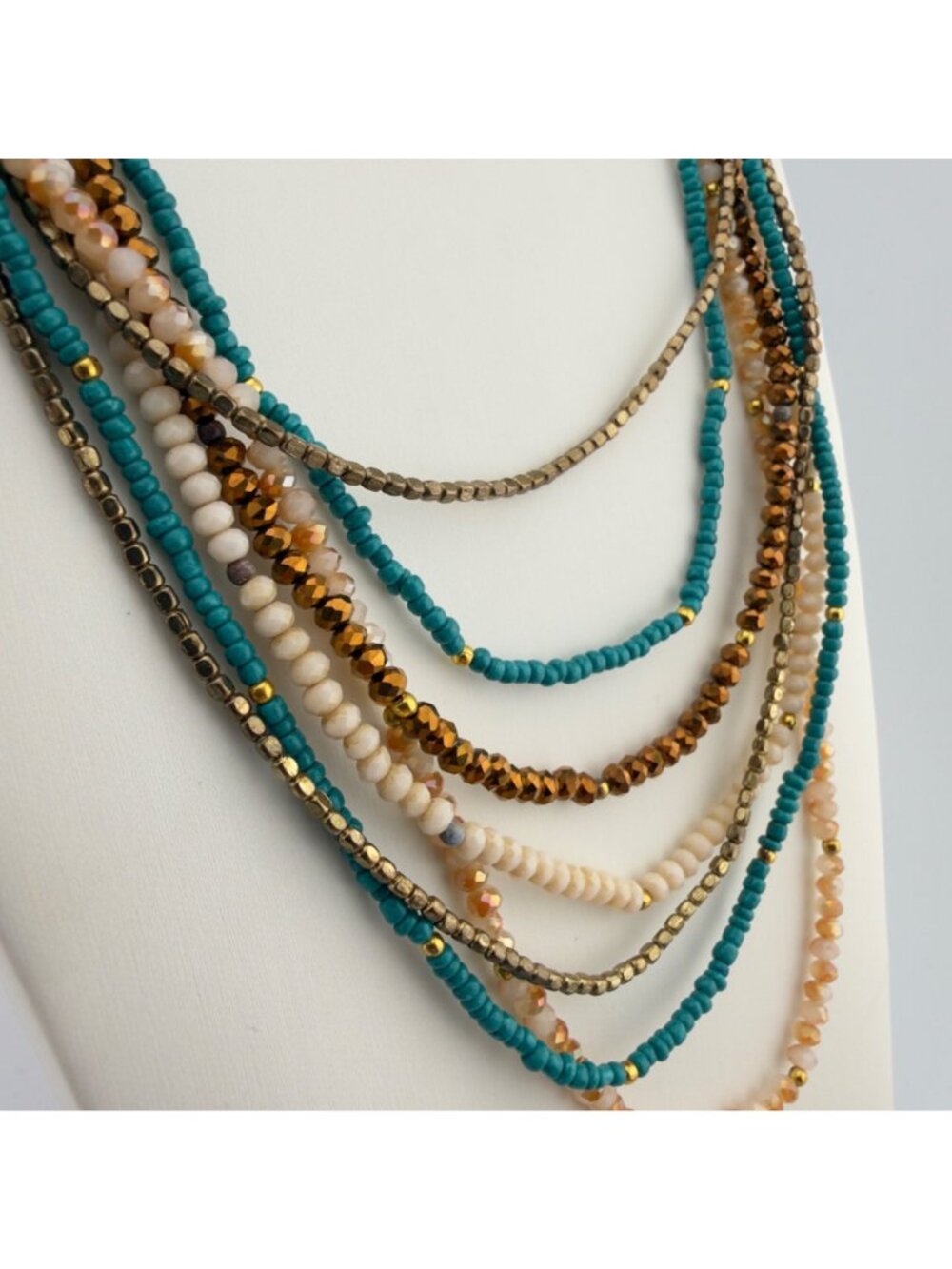 Layered Beaded Multicolor Necklace Brown Suede Boho Festival